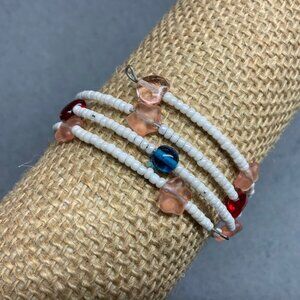 Memory Wire Bracelet 7 In White Seed Bead Multicolor Heart Star Retro Vintage